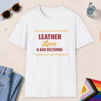 White color all-gender graphic t-shirt with "Leather Lace" design