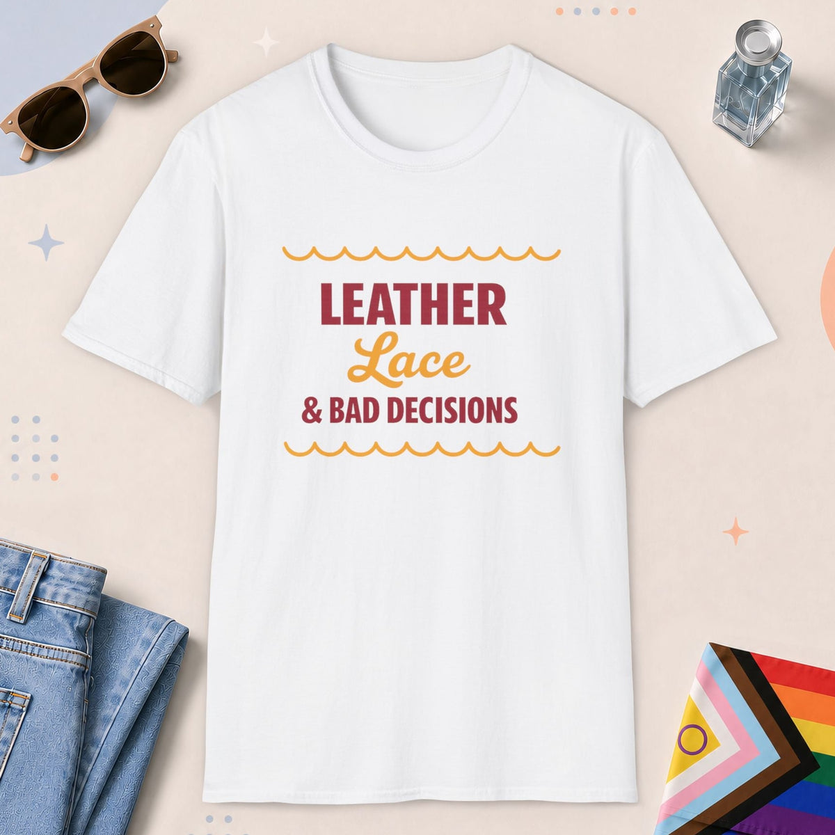 White color all-gender graphic t-shirt with "Leather Lace" design