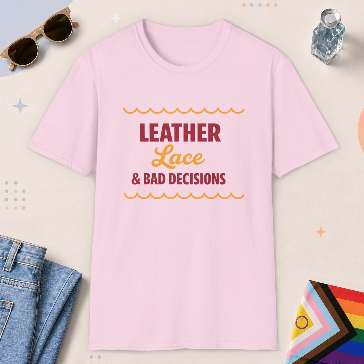 Light Pink color all-gender graphic t-shirt with "Leather Lace" design