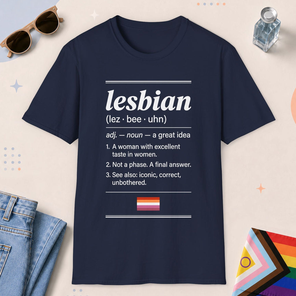 Navy color all-gender graphic t-shirt with "Lesbian Definition" design