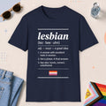 Navy color all-gender graphic t-shirt with "Lesbian Definition" design