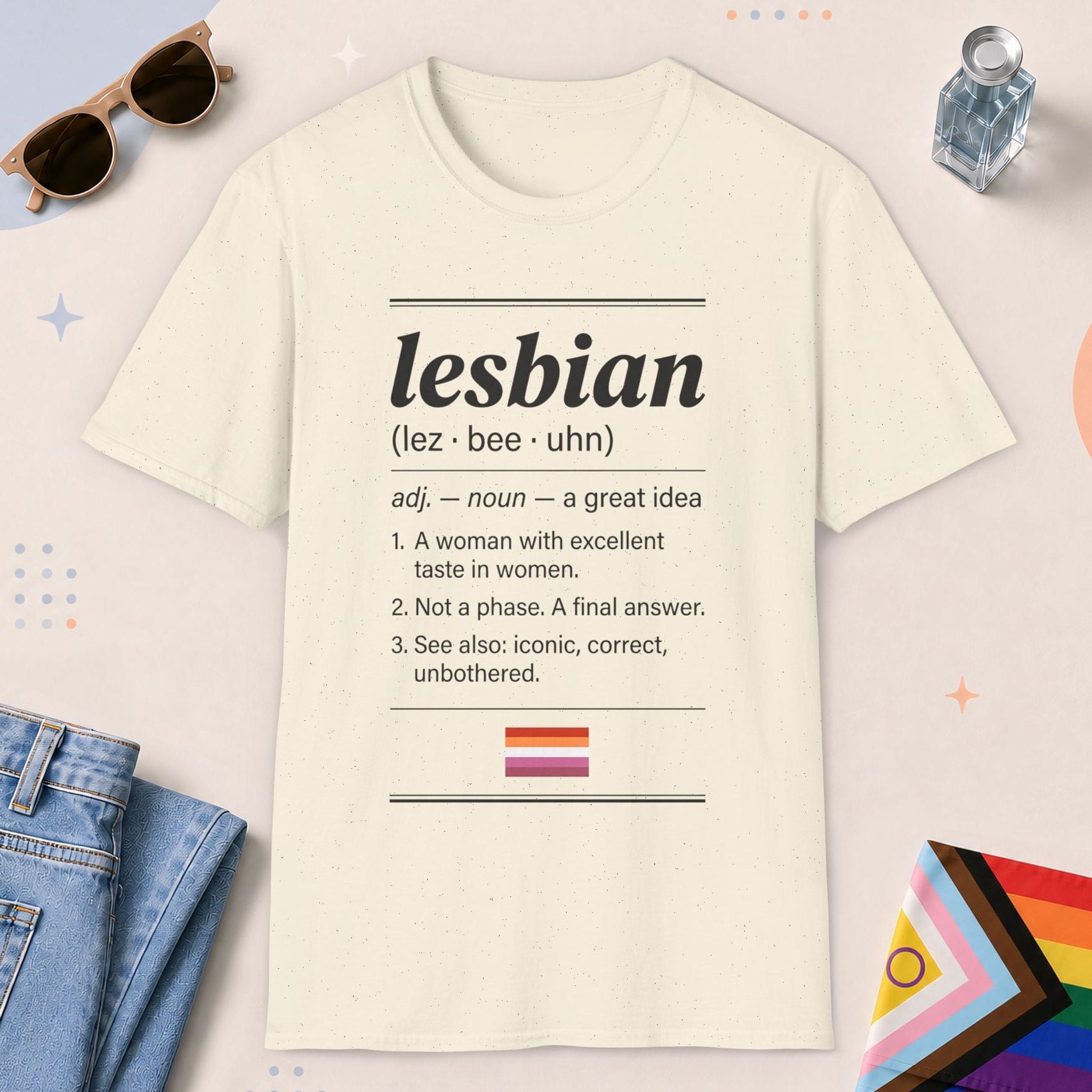 Natural color all-gender graphic t-shirt with "Lesbian Definition" design