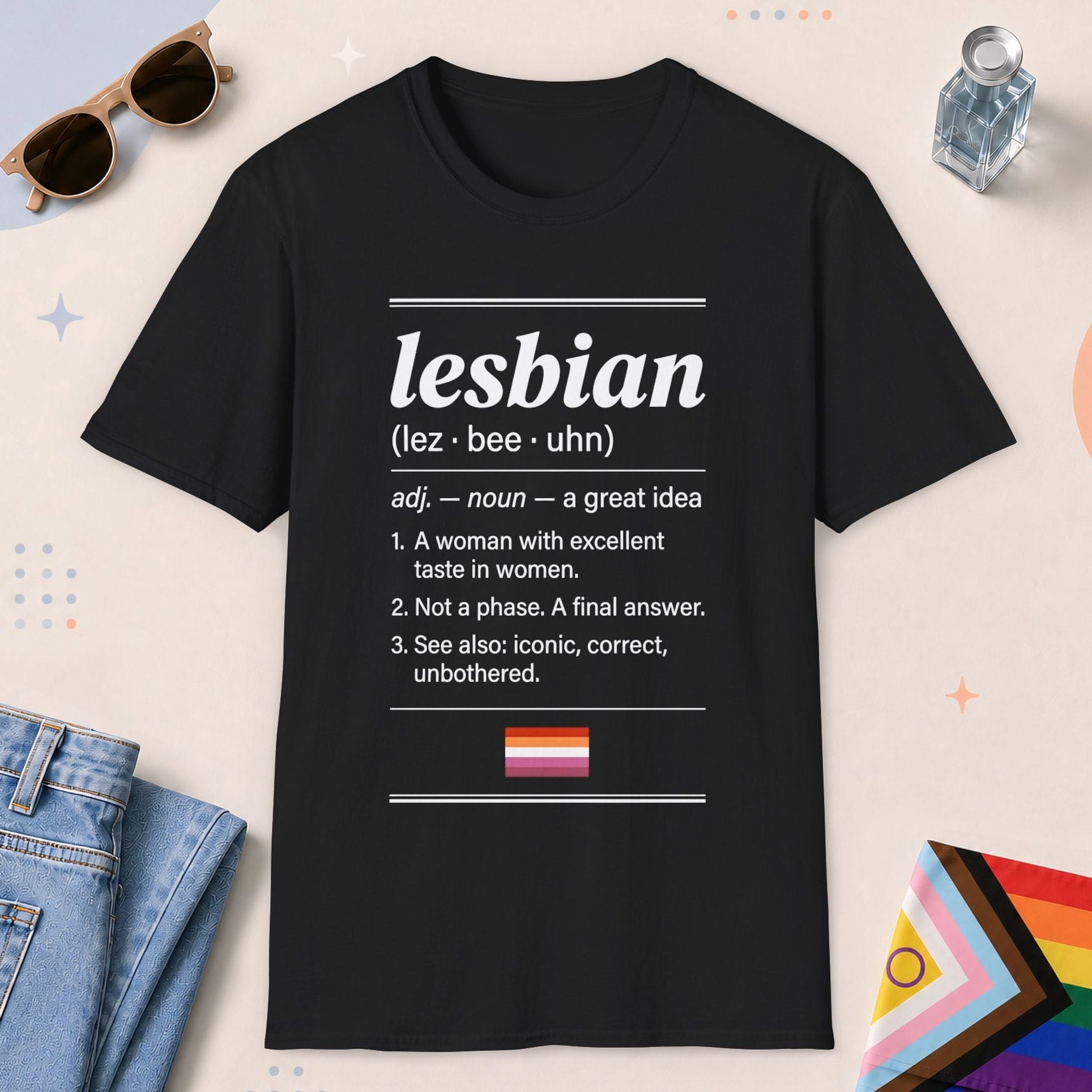 Black color all-gender graphic t-shirt with "Lesbian Definition" design