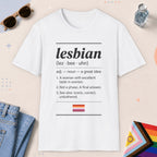 White color all-gender graphic t-shirt with "Lesbian Definition" design
