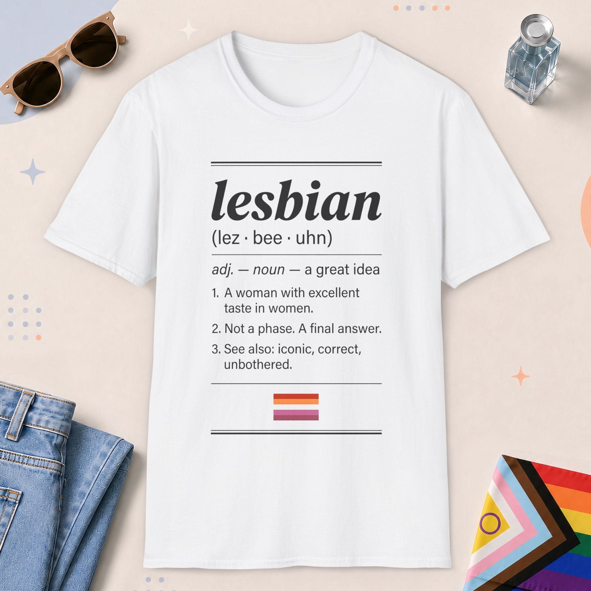 White color all-gender graphic t-shirt with "Lesbian Definition" design