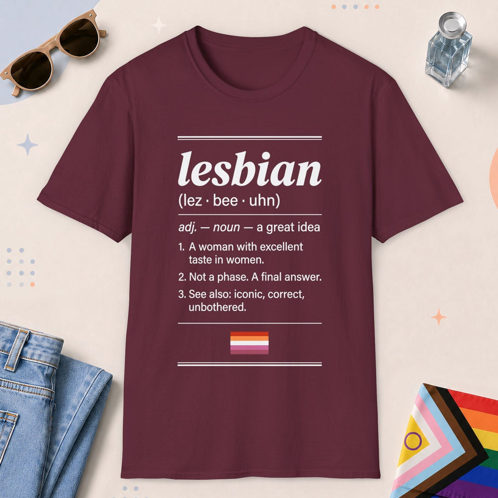 Maroon color all-gender graphic t-shirt with "Lesbian Definition" design