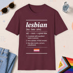 Maroon color all-gender graphic t-shirt with "Lesbian Definition" design