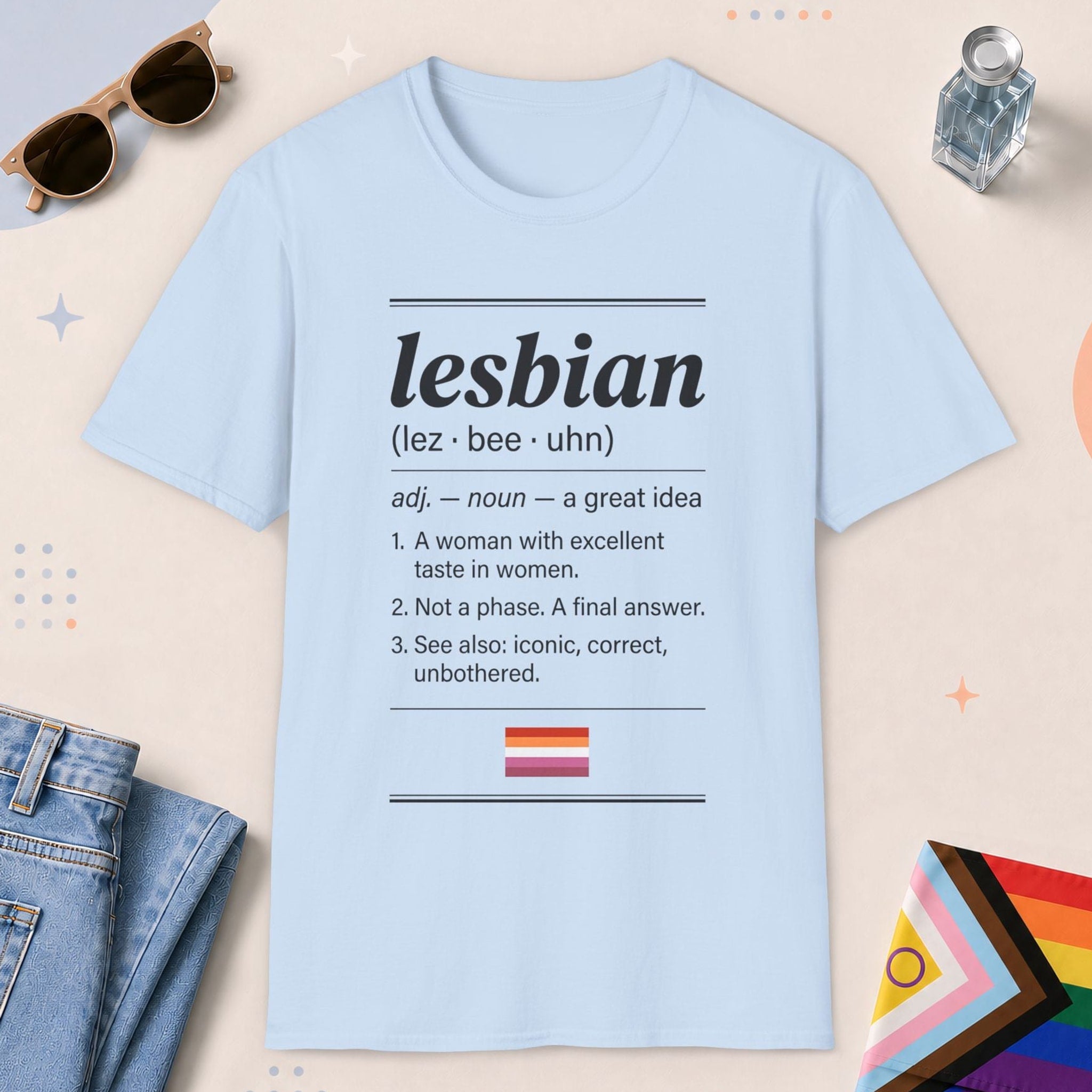 Light Blue color all-gender graphic t-shirt with "Lesbian Definition" design