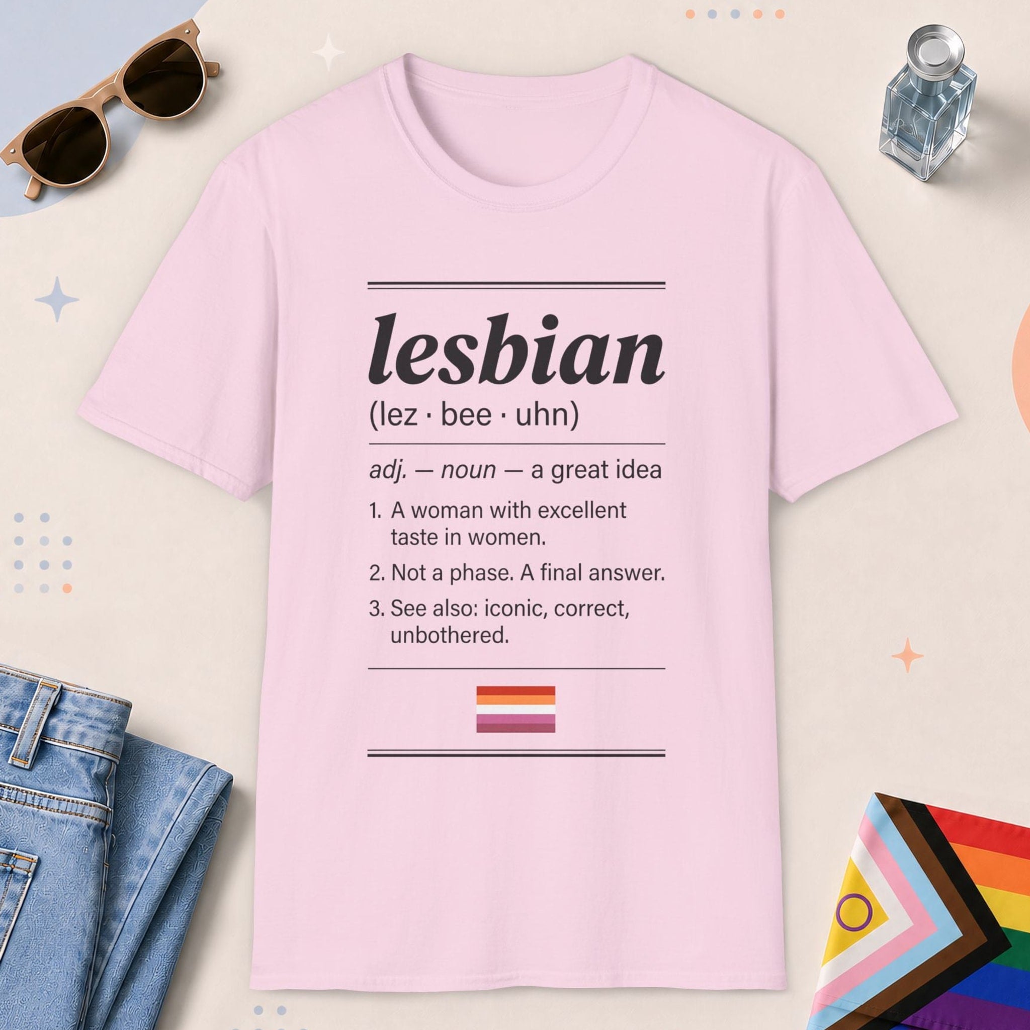 Light Pink color all-gender graphic t-shirt with "Lesbian Definition" design