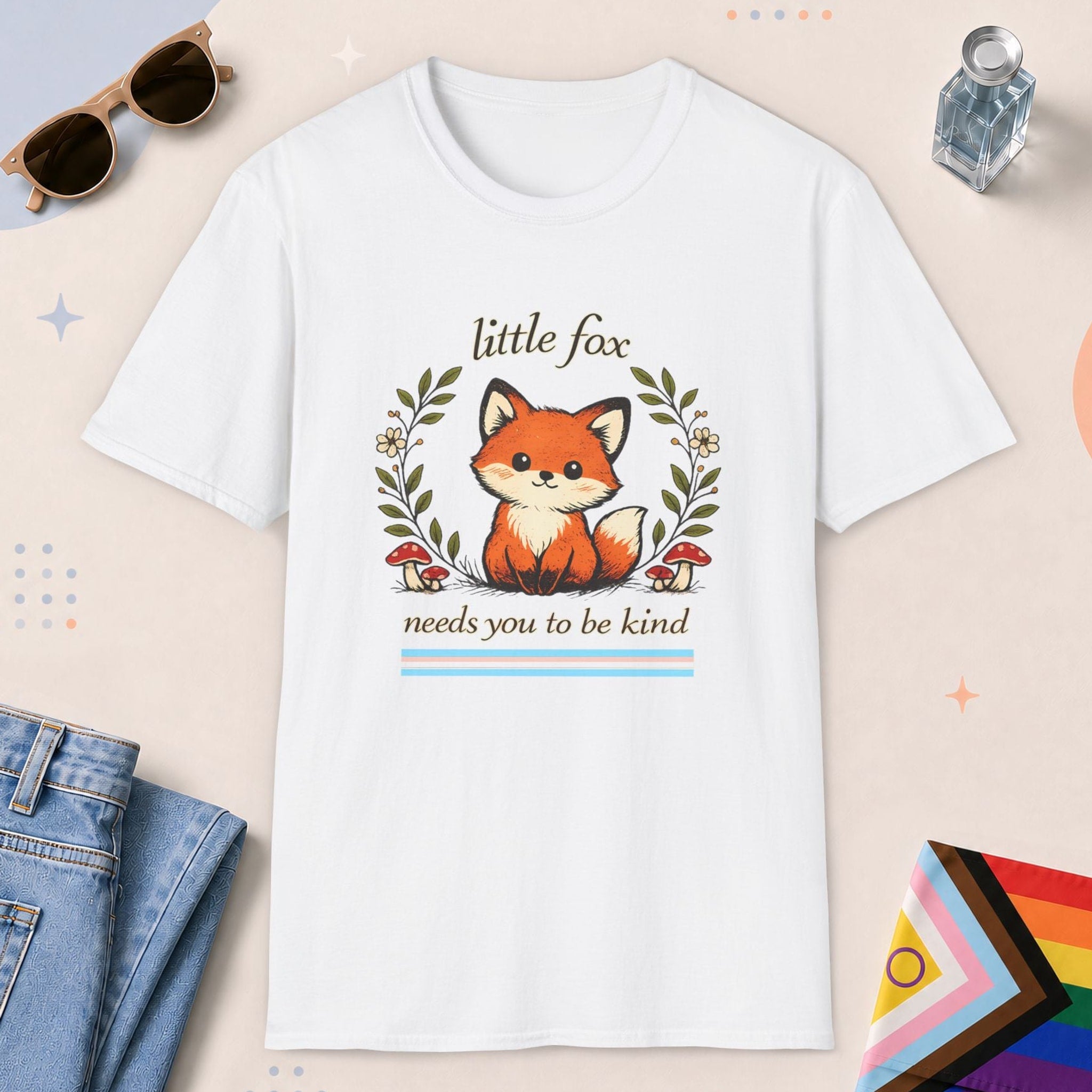 White color all-gender graphic t-shirt with "Little Fox Kind" design