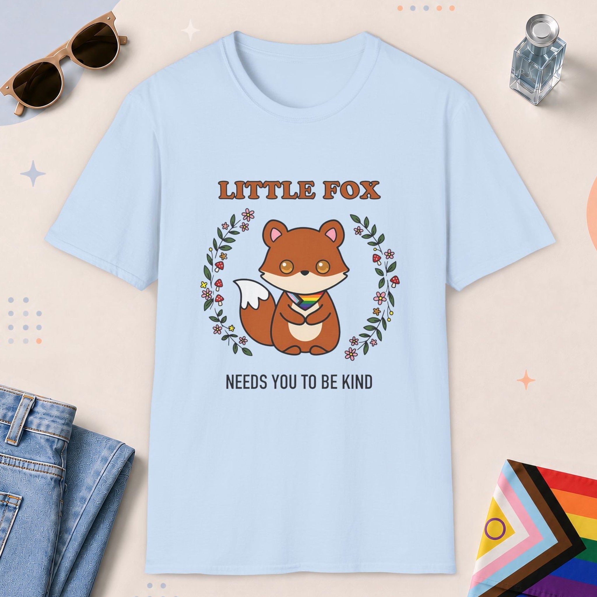 Light Blue color all-gender graphic t-shirt with "Little Fox" design