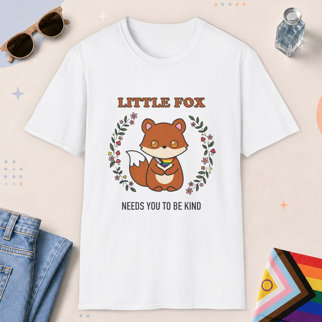 White color all-gender graphic t-shirt with "Little Fox" design