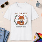 White color all-gender graphic t-shirt with "Little Fox" design