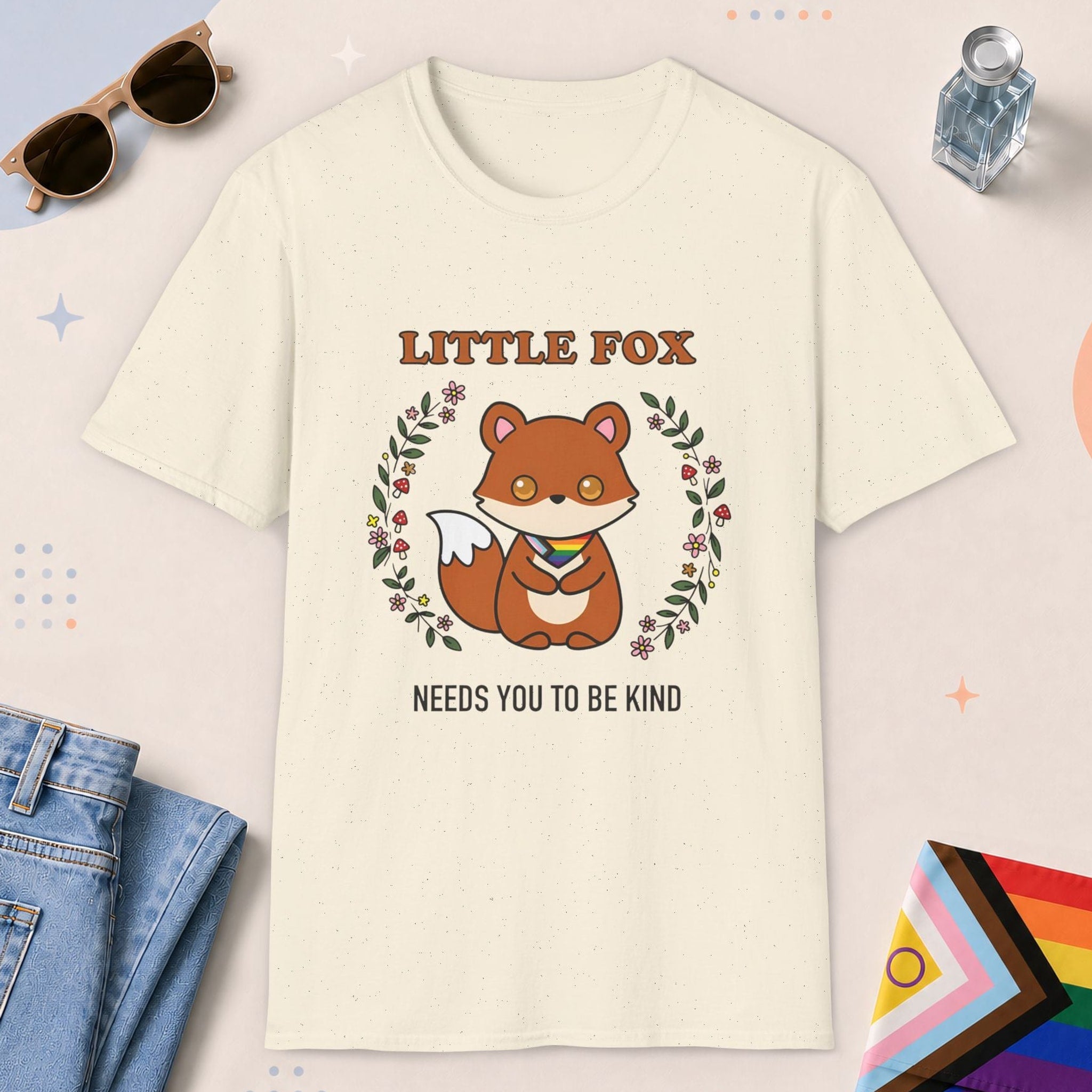 Natural color all-gender graphic t-shirt with "Little Fox" design