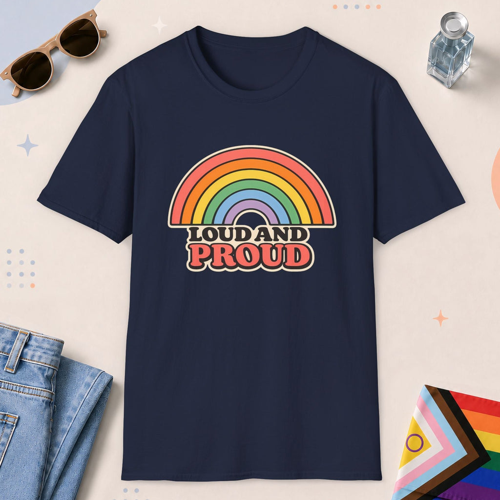 Navy color all-gender graphic t-shirt with "Loud And Proud" design