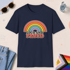 Navy color all-gender graphic t-shirt with "Loud And Proud" design