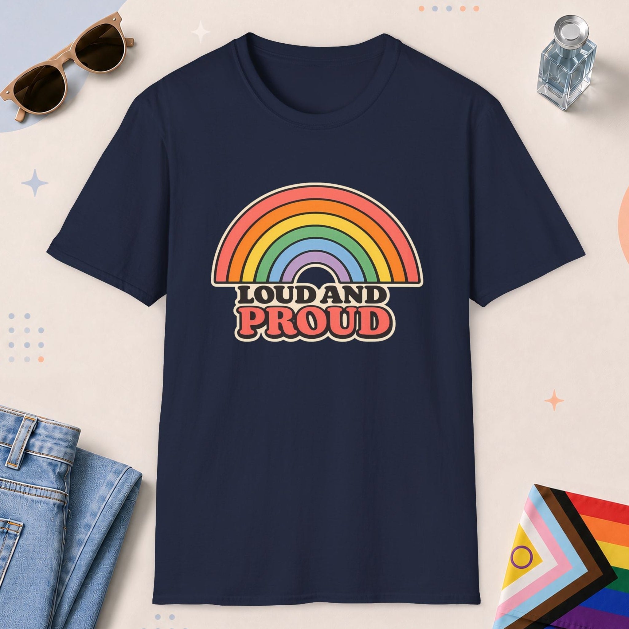 Navy color all-gender graphic t-shirt with "Loud And Proud" design