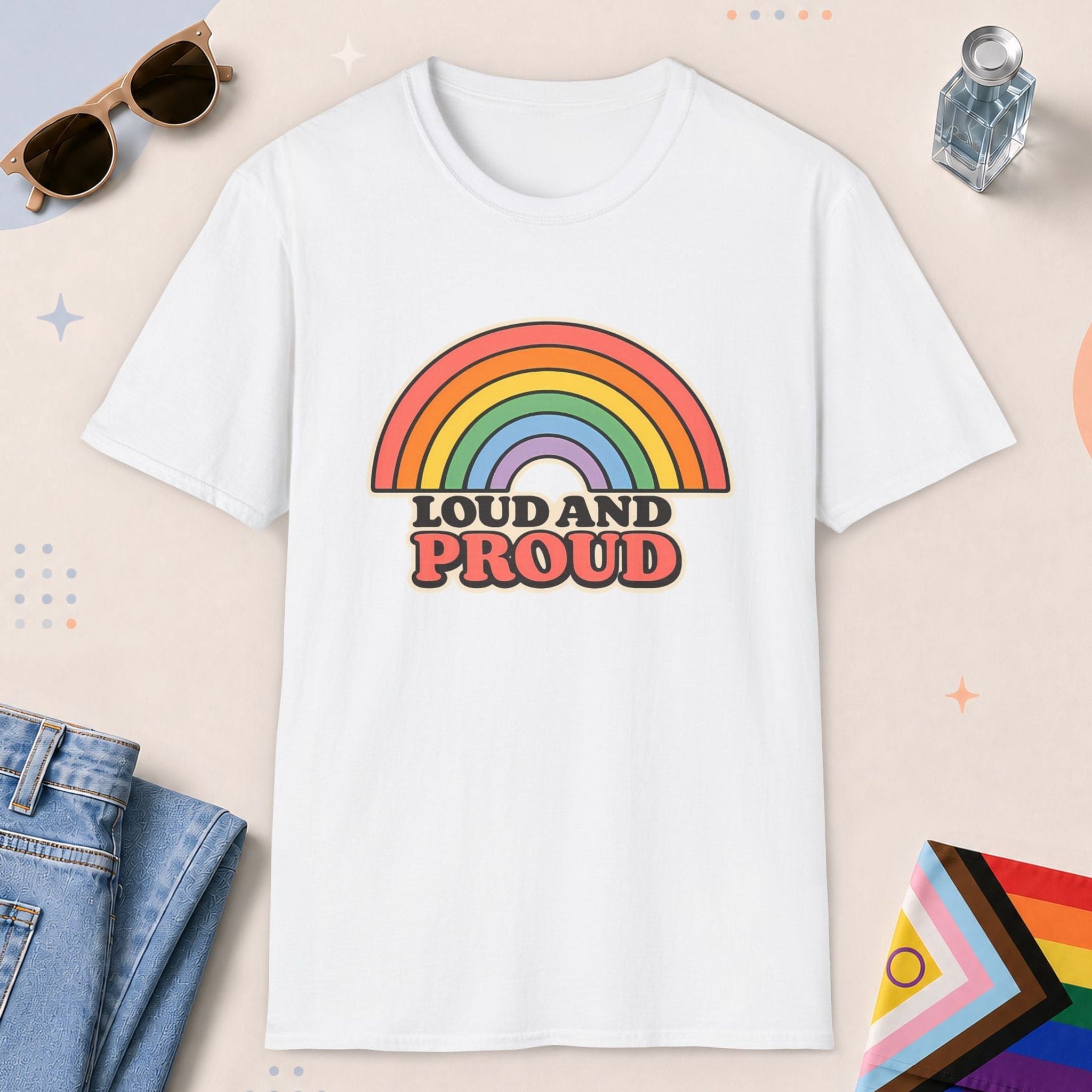 White color all-gender graphic t-shirt with "Loud And Proud" design