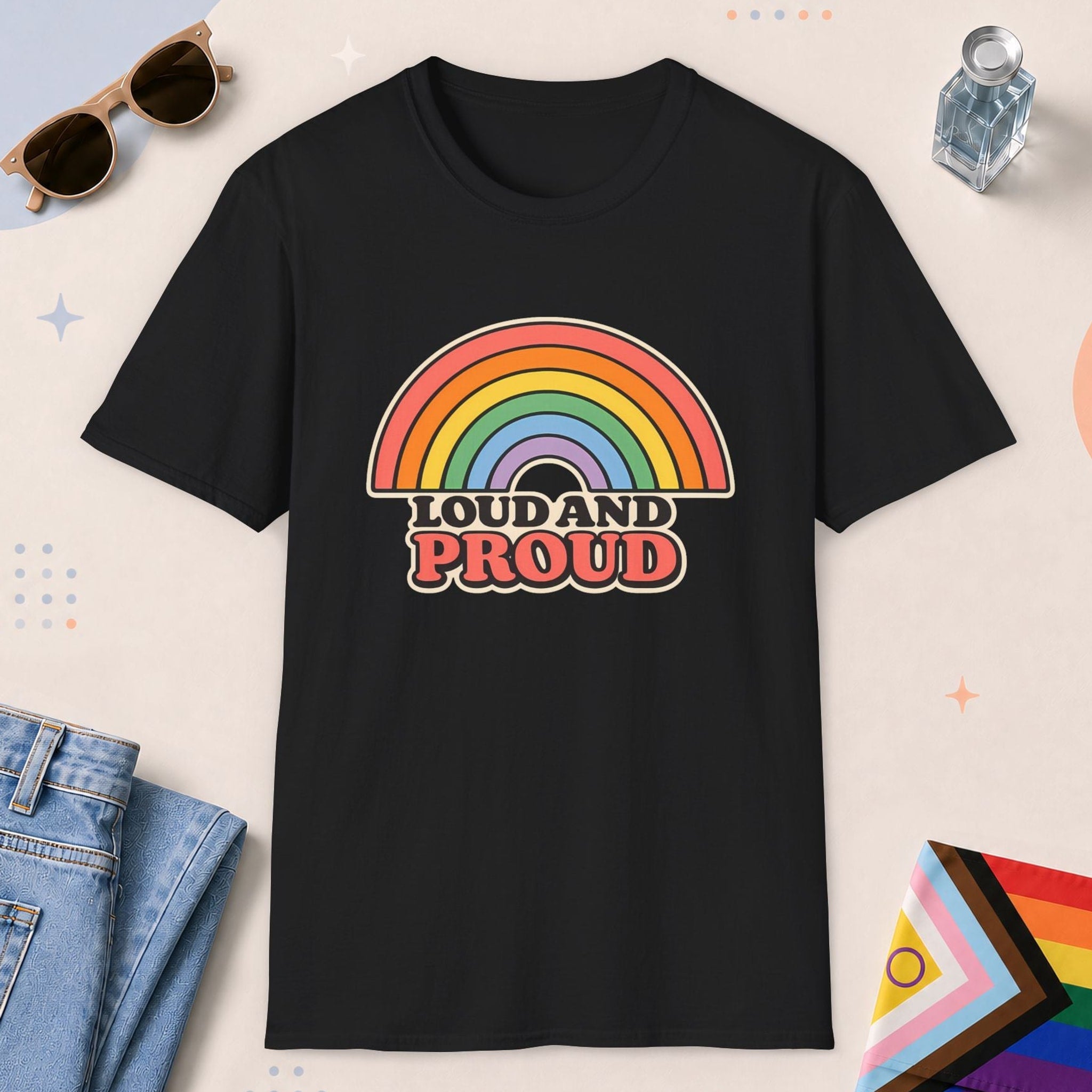 Black color all-gender graphic t-shirt with "Loud And Proud" design