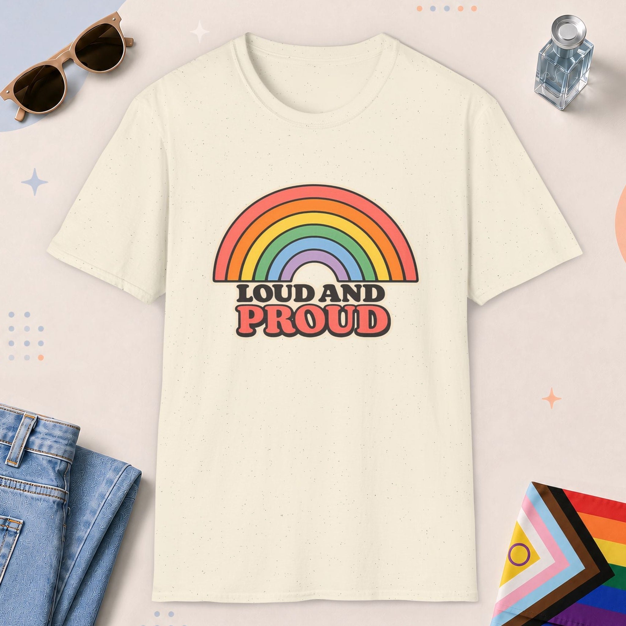 Natural color all-gender graphic t-shirt with "Loud And Proud" design