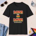 Black color all-gender graphic t-shirt with "Love Is Love" design