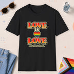 Black color all-gender graphic t-shirt with "Love Is Love" design