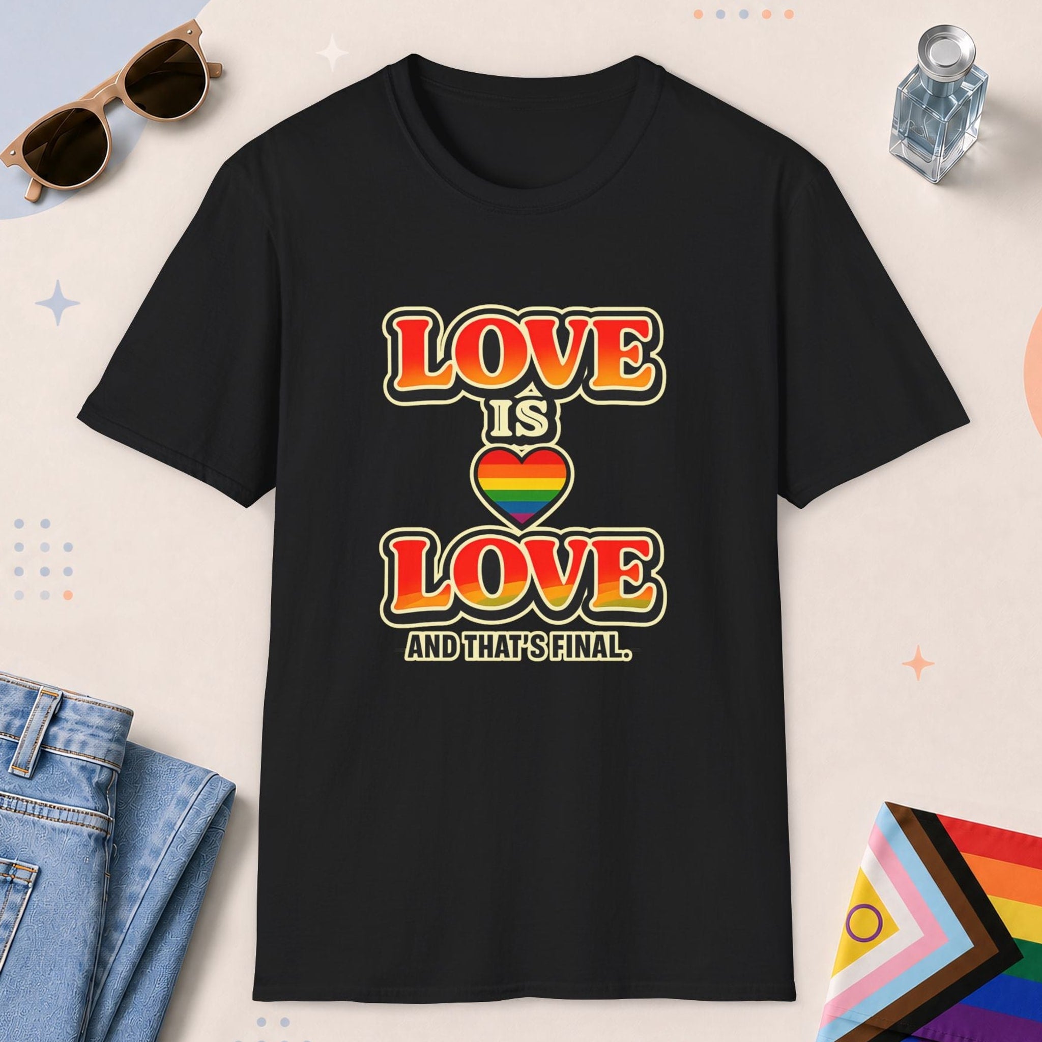 Black color all-gender graphic t-shirt with "Love Is Love" design