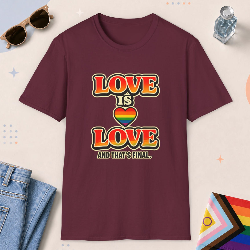 Maroon color all-gender graphic t-shirt with "Love Is Love" design