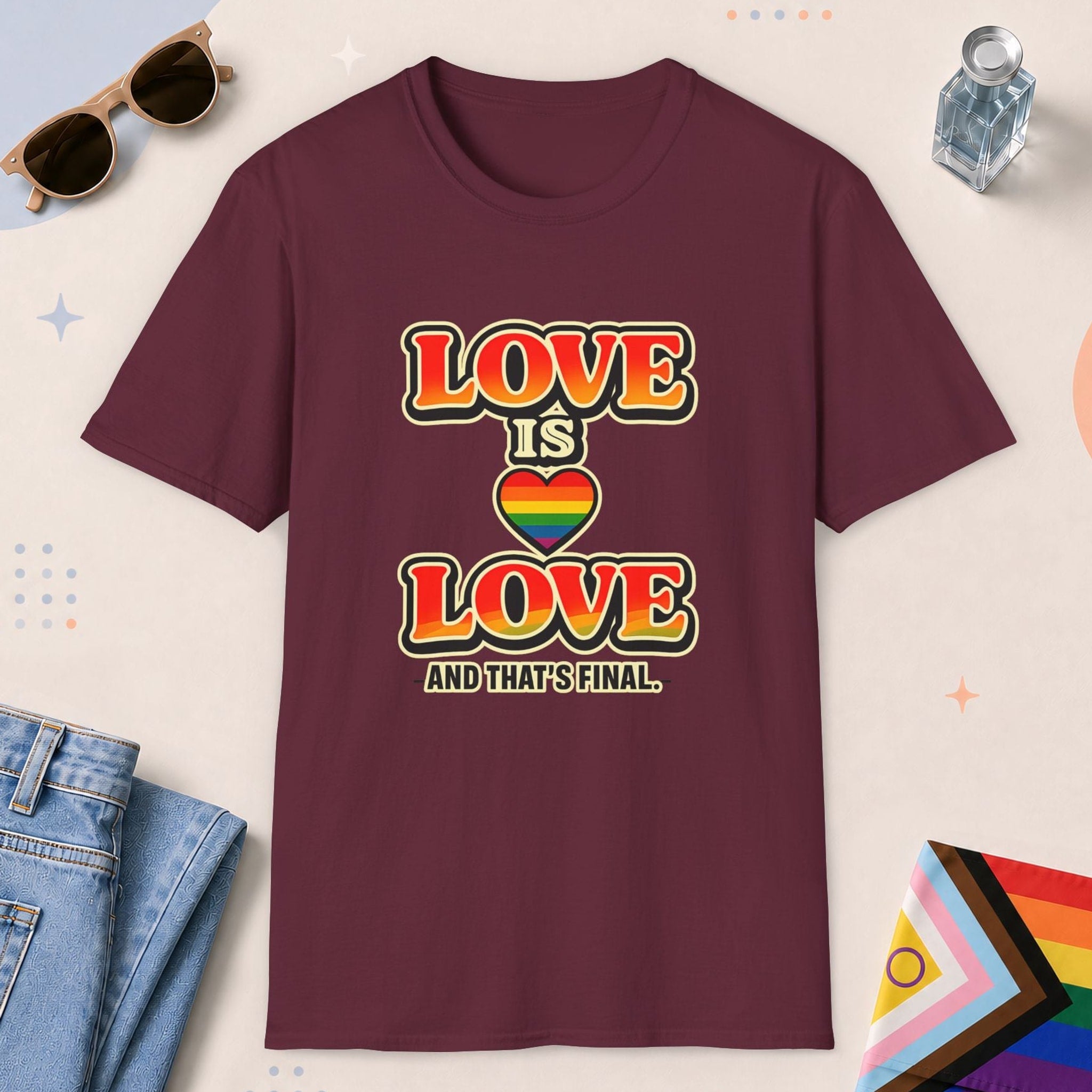 Maroon color all-gender graphic t-shirt with "Love Is Love" design