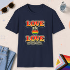 Navy color all-gender graphic t-shirt with "Love Is Love" design