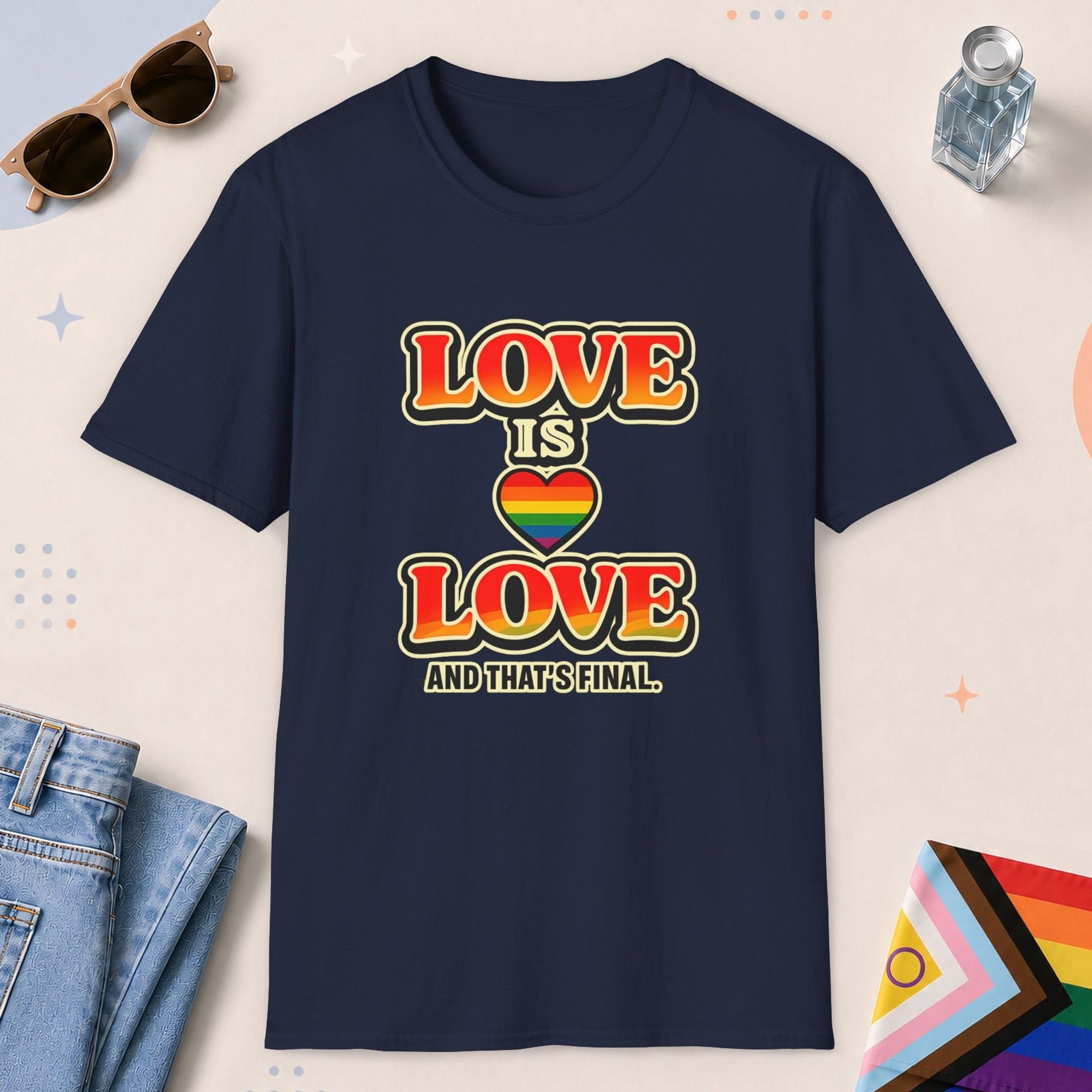 Navy color all-gender graphic t-shirt with "Love Is Love" design