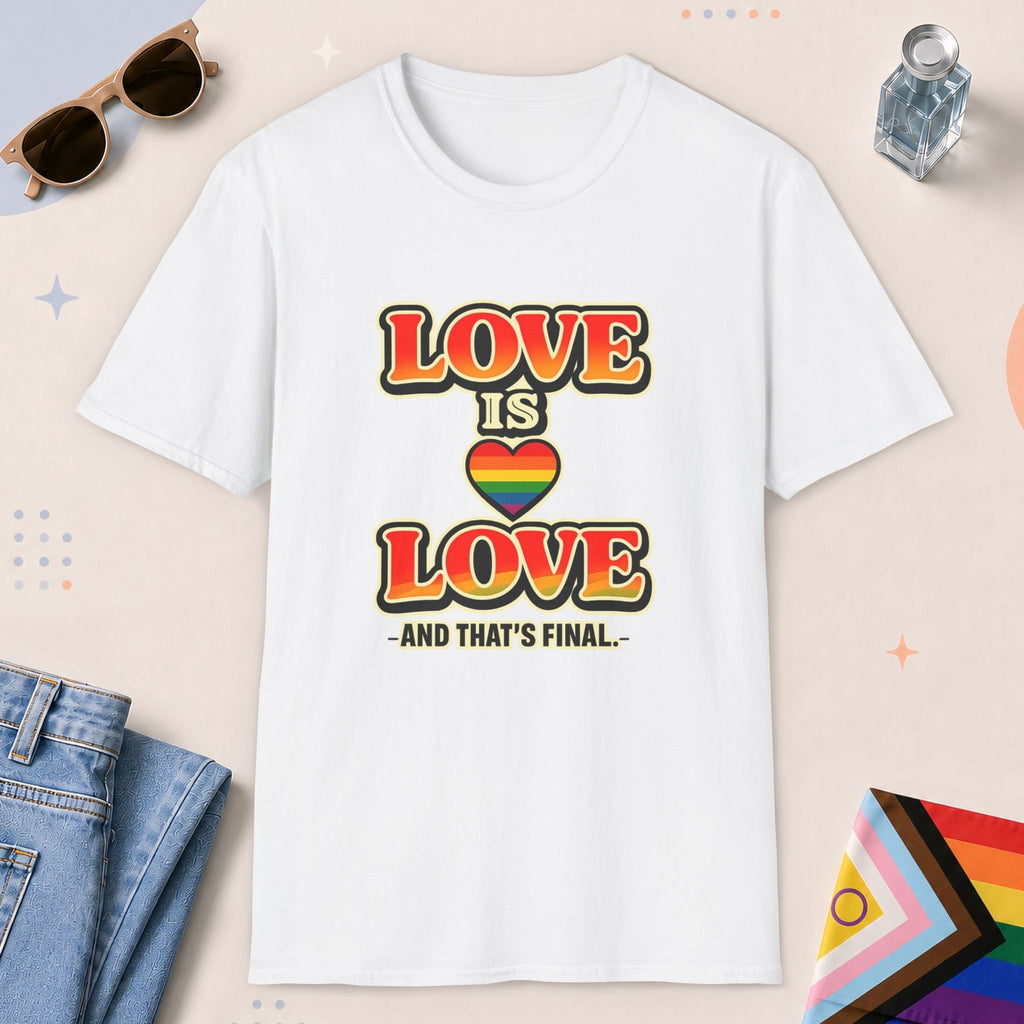 White color all-gender graphic t-shirt with "Love Is Love" design