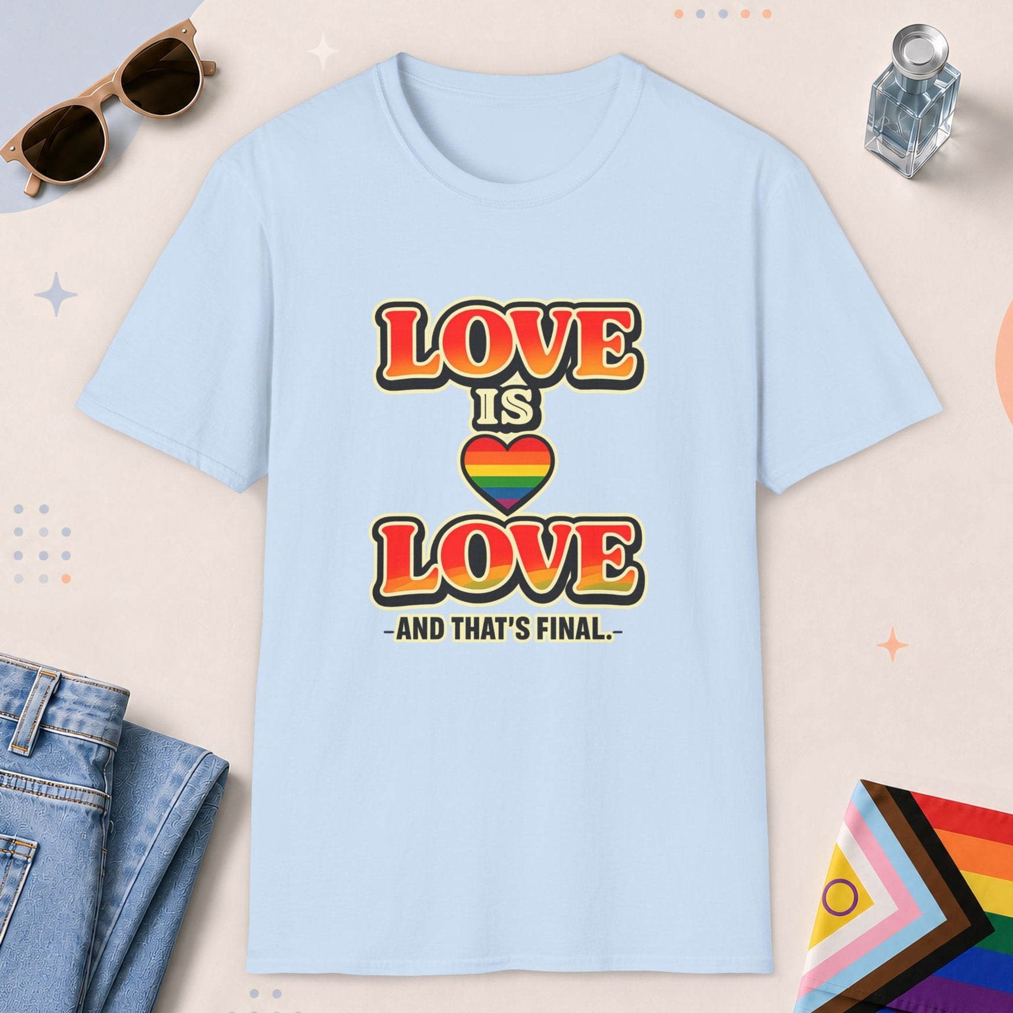 Light Blue color all-gender graphic t-shirt with "Love Is Love" design