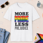 White color all-gender graphic t-shirt with "More Pride" design