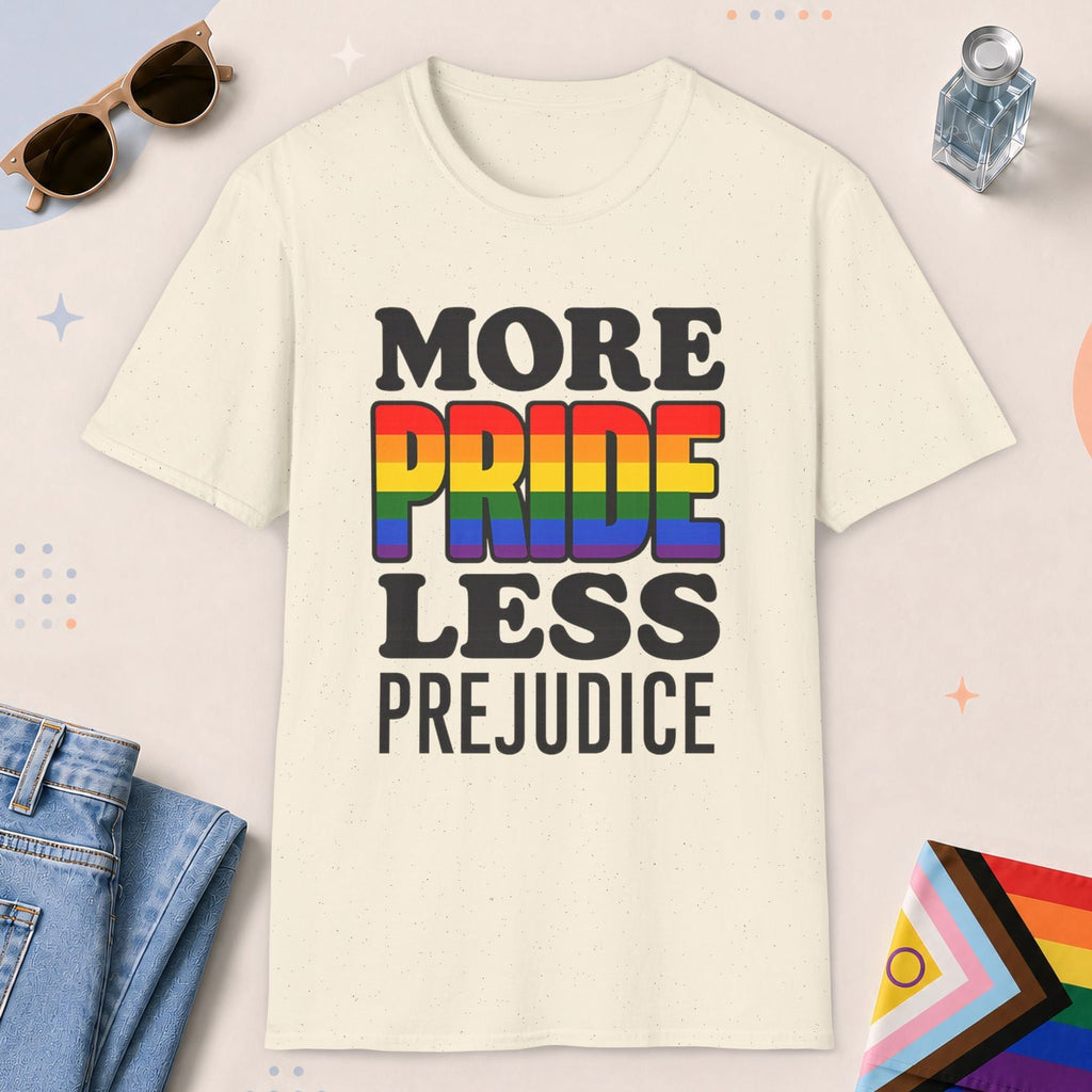 Natural color all-gender graphic t-shirt with "More Pride" design