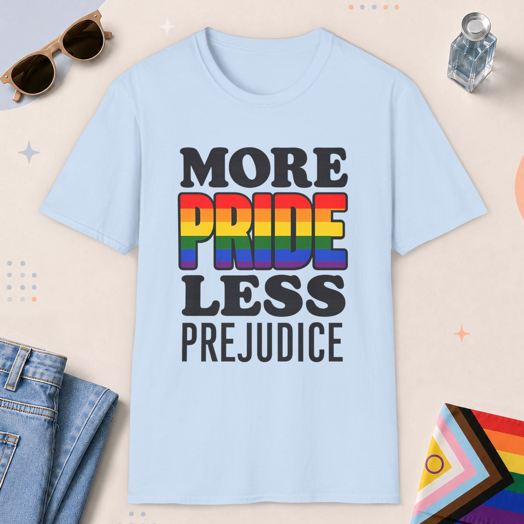 Light Blue color all-gender graphic t-shirt with "More Pride" design