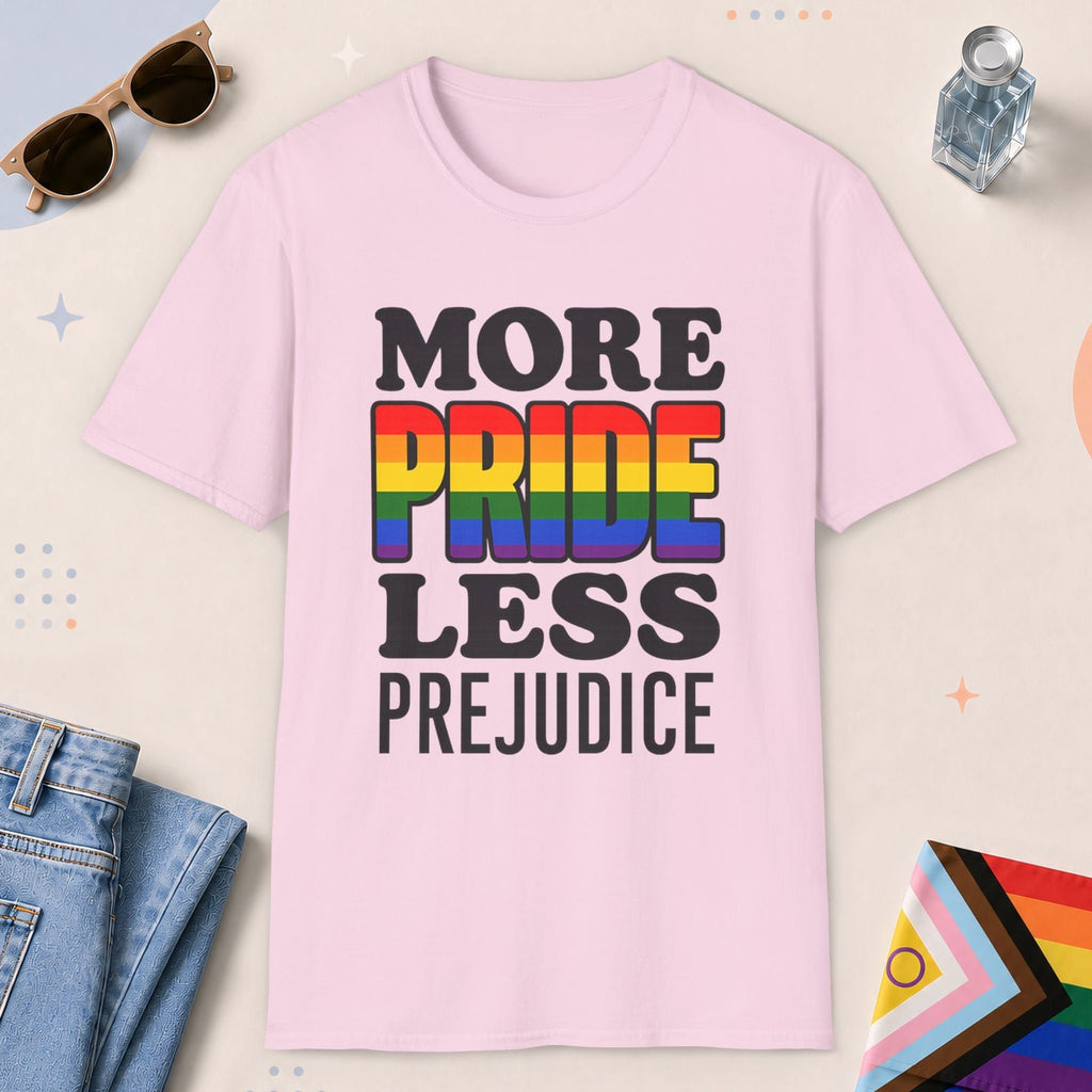 Light Pink color all-gender graphic t-shirt with "More Pride" design