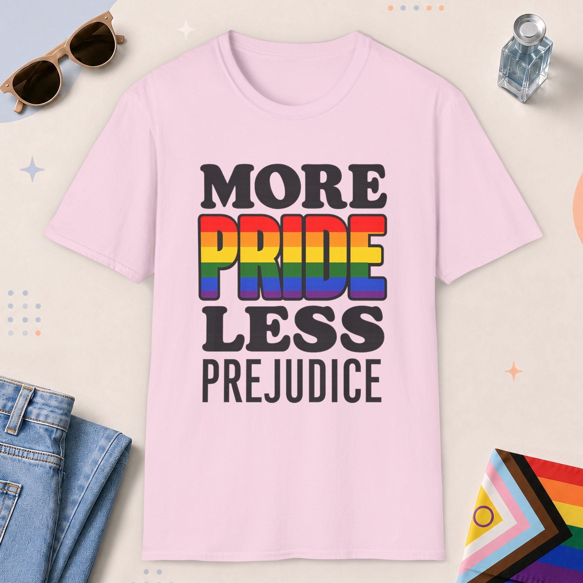Light Pink color all-gender graphic t-shirt with "More Pride" design