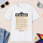 White color all-gender graphic t-shirt with "My Gay Agenda" design