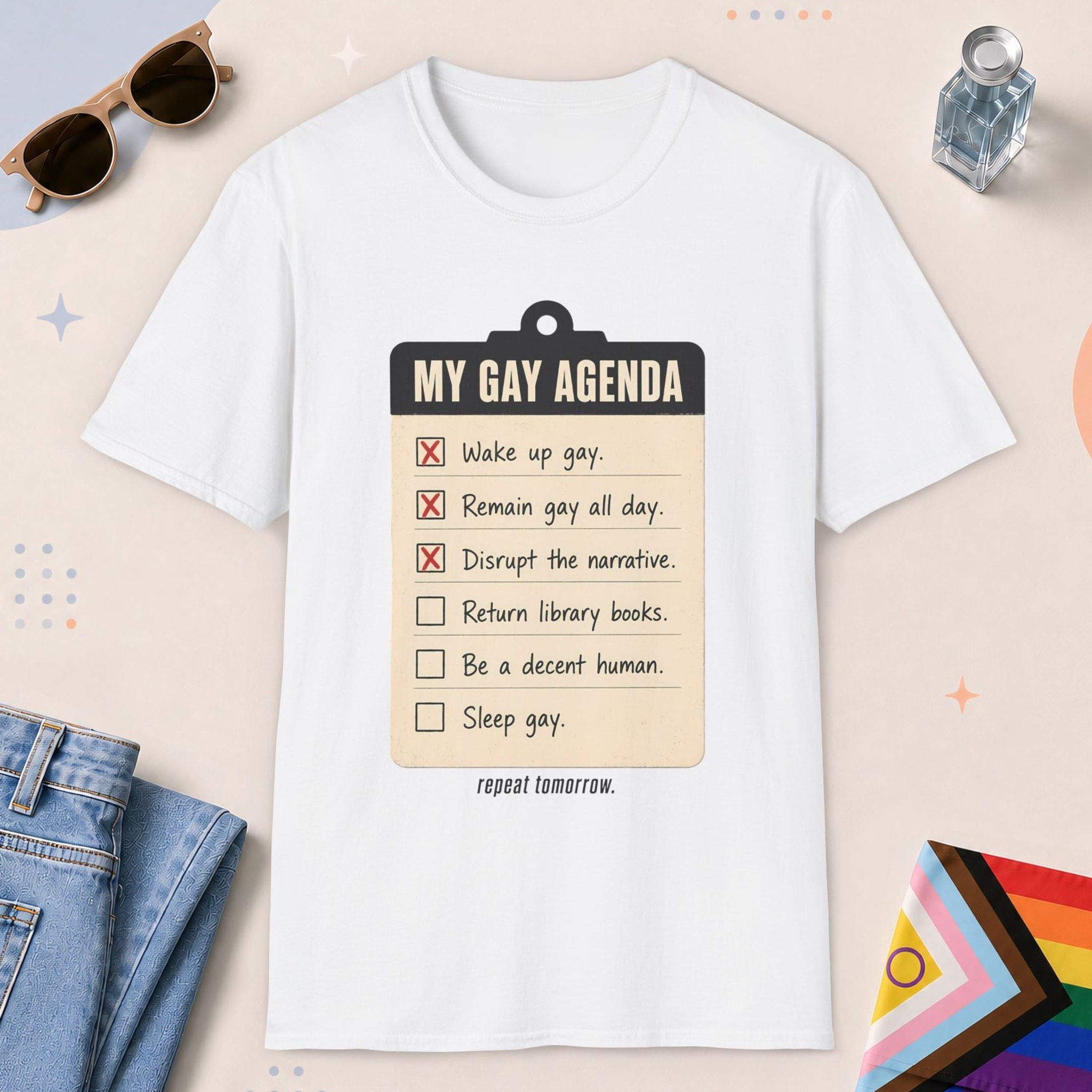 White color all-gender graphic t-shirt with "My Gay Agenda" design