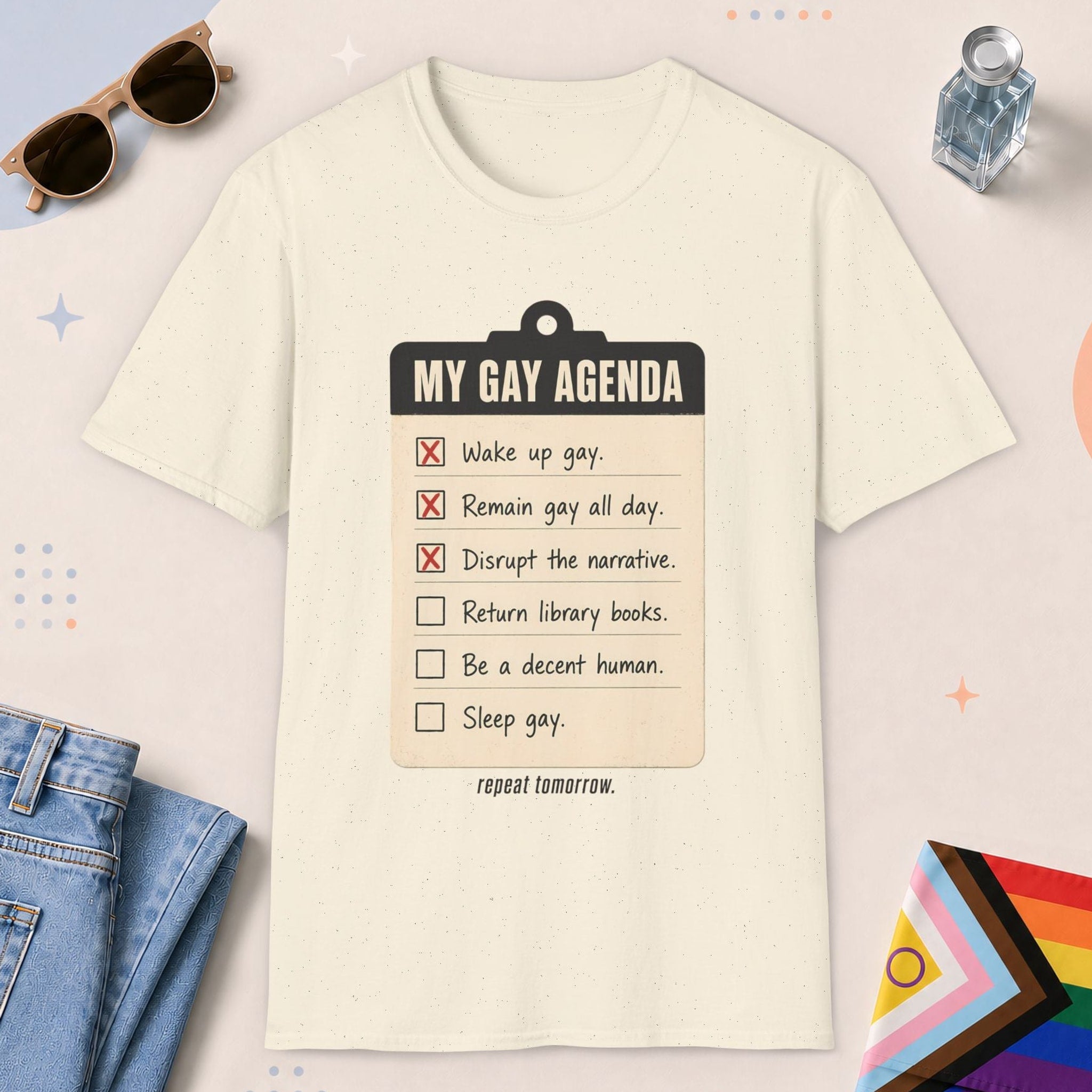Natural color all-gender graphic t-shirt with "My Gay Agenda" design