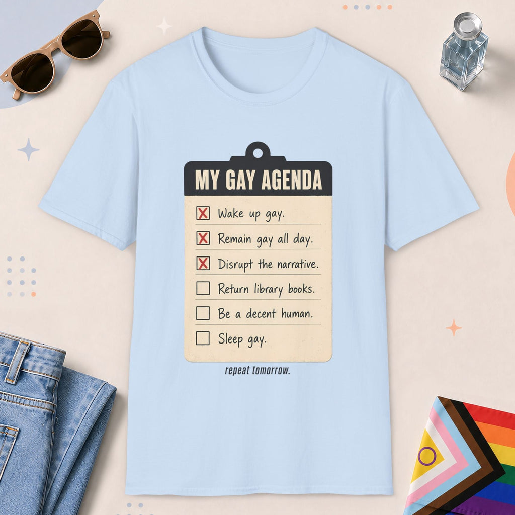 Light Blue color all-gender graphic t-shirt with "My Gay Agenda" design
