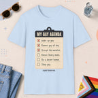 Light Blue color all-gender graphic t-shirt with "My Gay Agenda" design