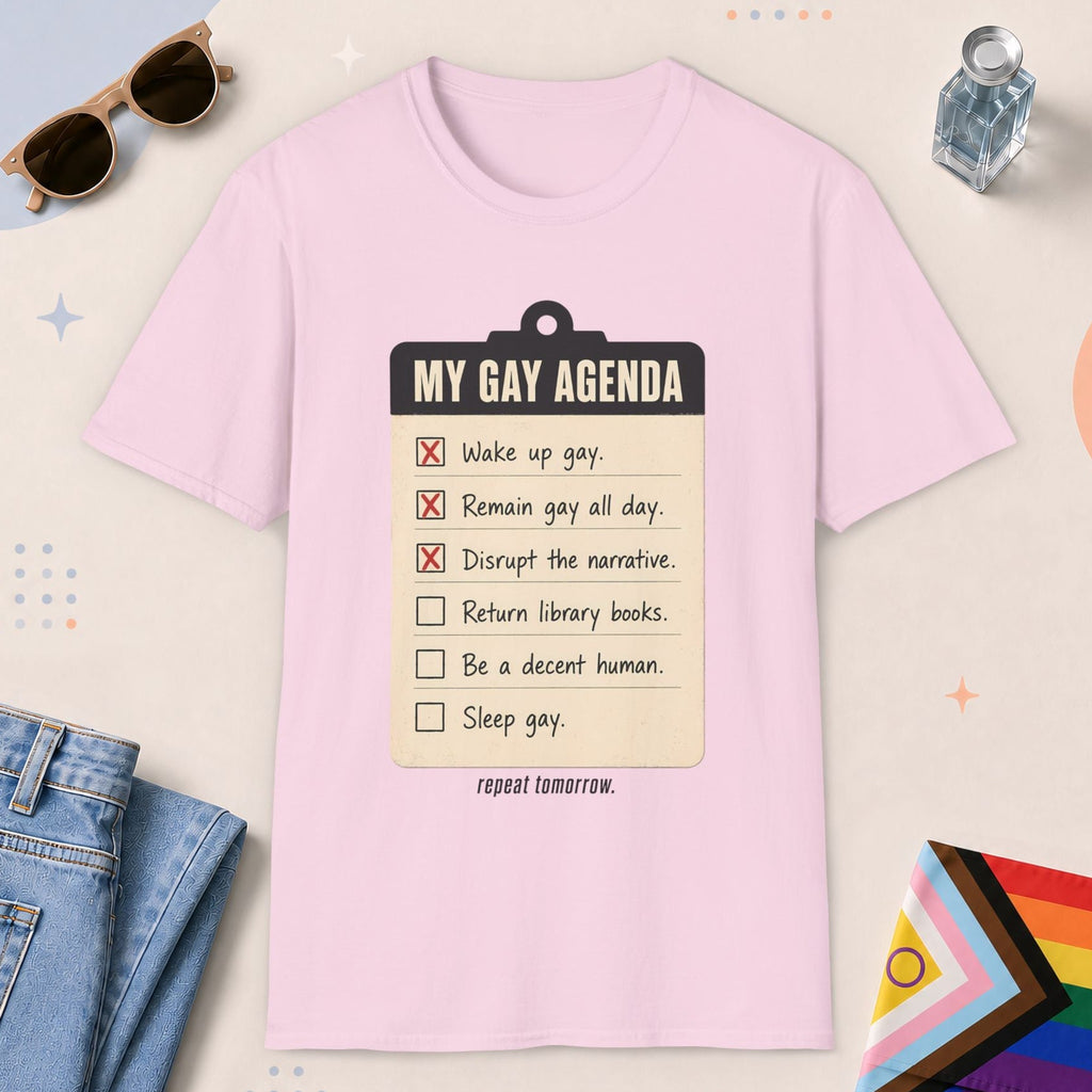 Light Pink color all-gender graphic t-shirt with "My Gay Agenda" design