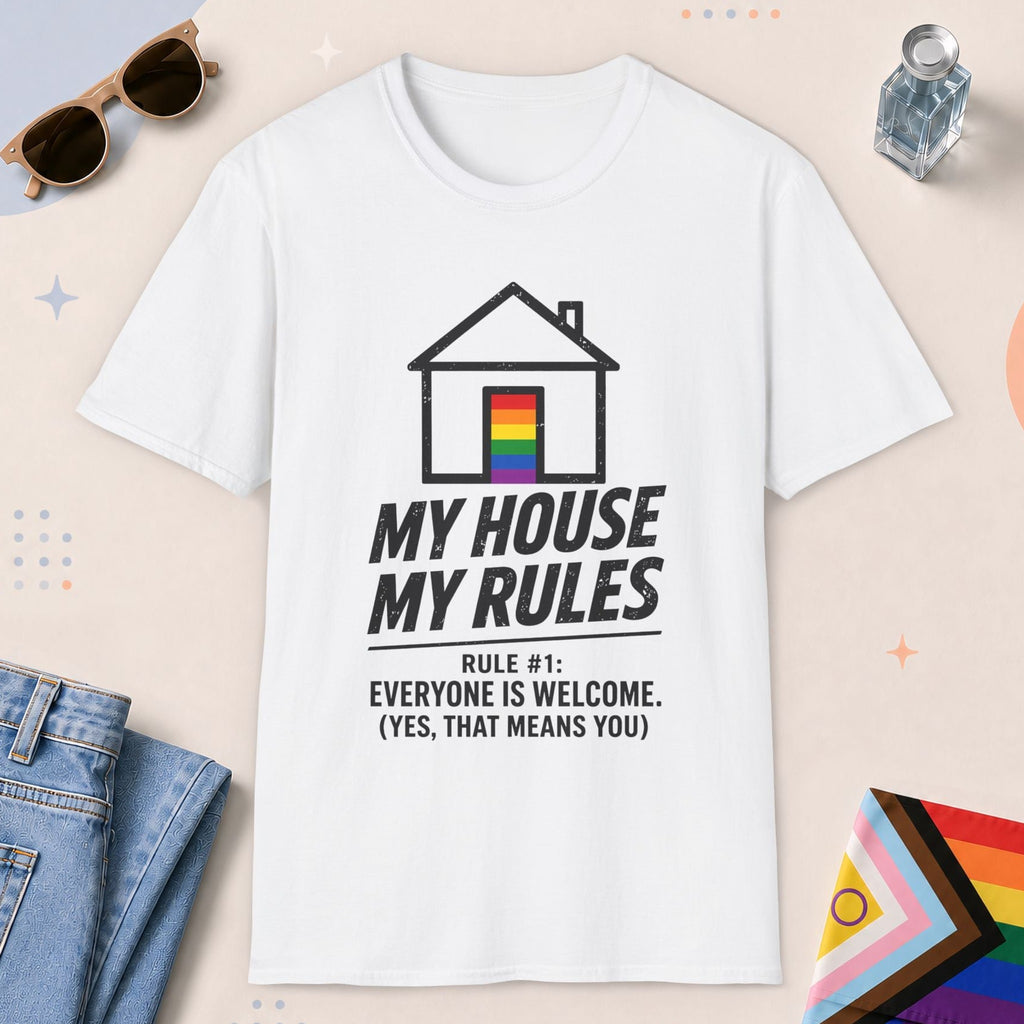 White color all-gender graphic t-shirt with "My House My Rule" design