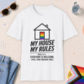 White color all-gender graphic t-shirt with "My House My Rule" design