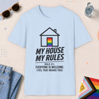 Light Blue color all-gender graphic t-shirt with "My House My Rule" design
