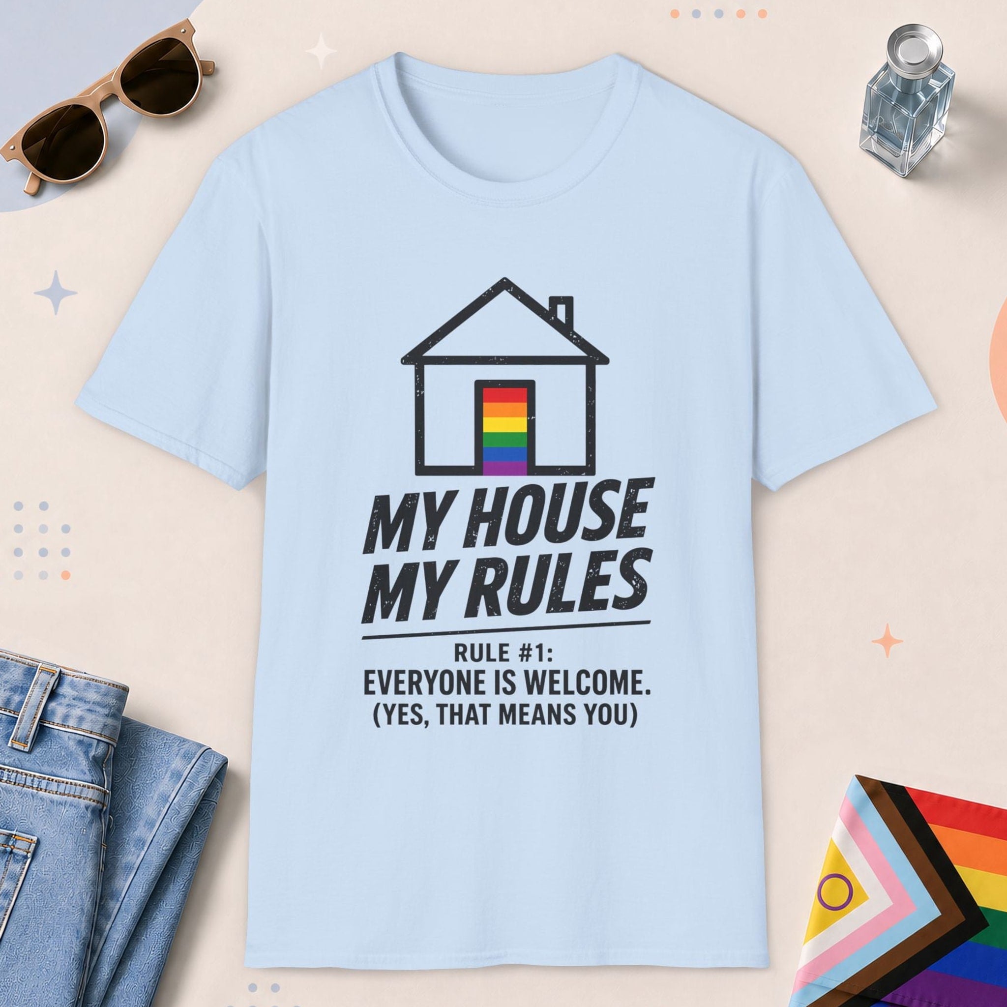 Light Blue color all-gender graphic t-shirt with "My House My Rule" design