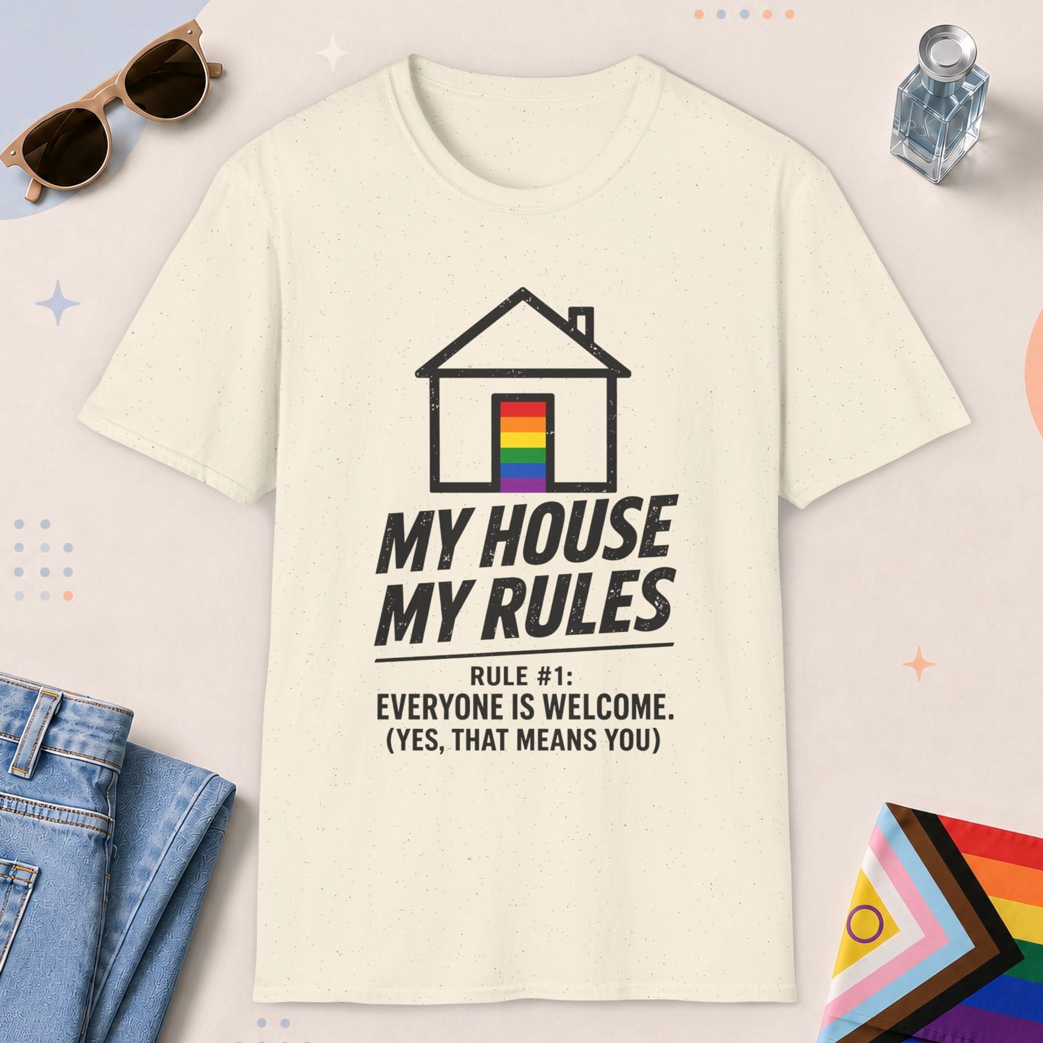 Natural color all-gender graphic t-shirt with "My House My Rule" design