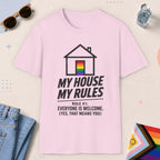 Light Pink color all-gender graphic t-shirt with "My House My Rule" design